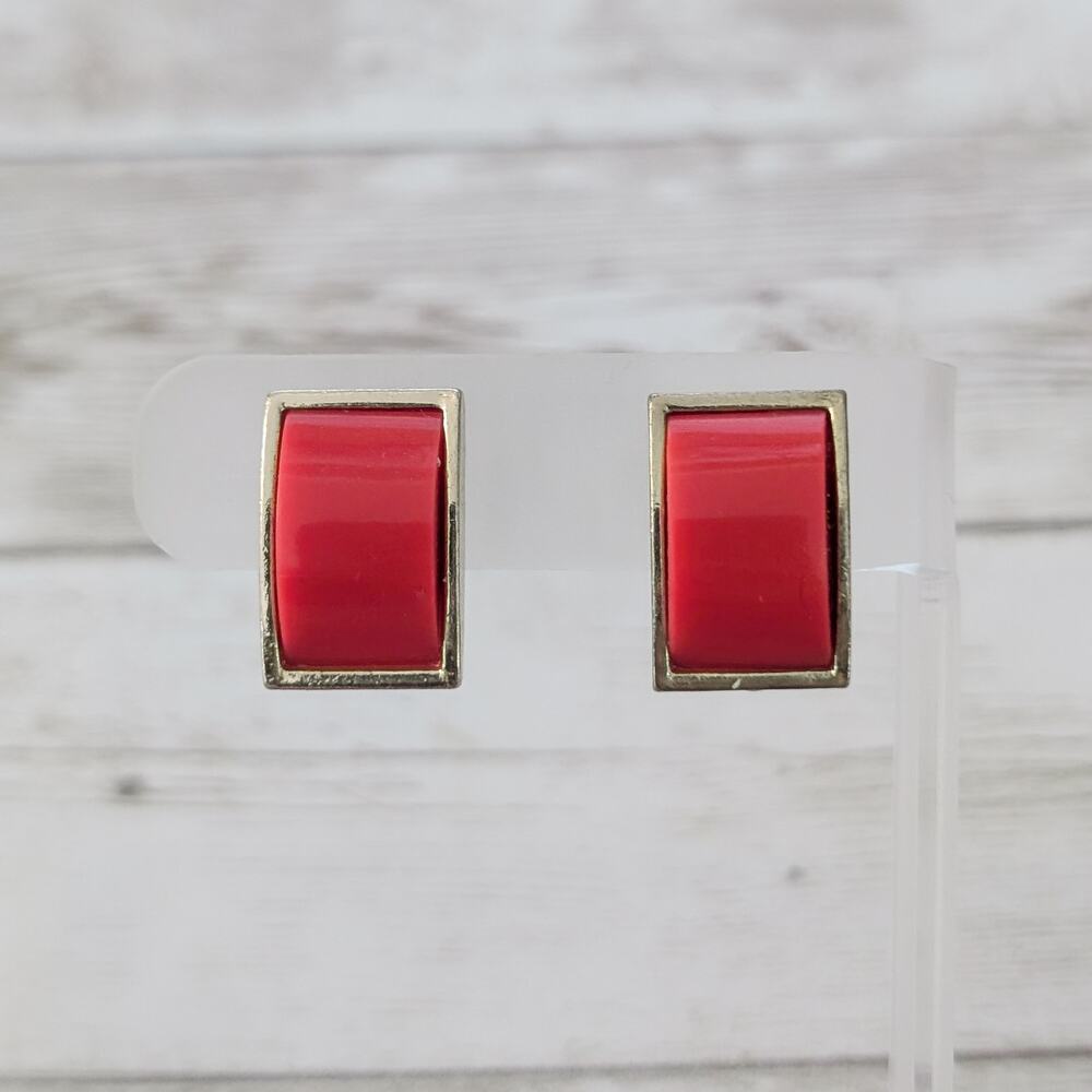 Vintage Clip On Earrings Statement Red & Gold Tone Retro Rectangle